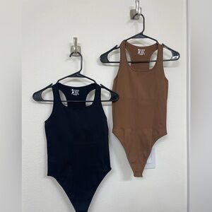 OQQ 2 Piece Sexy Ribbed Sleeveless Racerback Tank Top BodySuit, Black and coffee